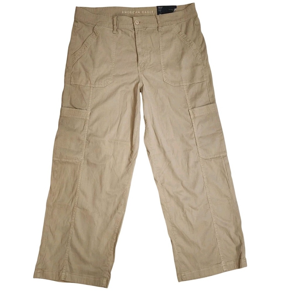 American Eagle Women High-rise Stovepipe Beige Stretch Cargo Pant 14 wide leg
